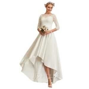 JJS House A-Line Scoop Neck Asymmetrical Satin Lace ivory Wedding Dress size 4
